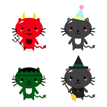 Happy Halloween - vector set of cats in monster costumes, Halloween party. Vector illustration, banner