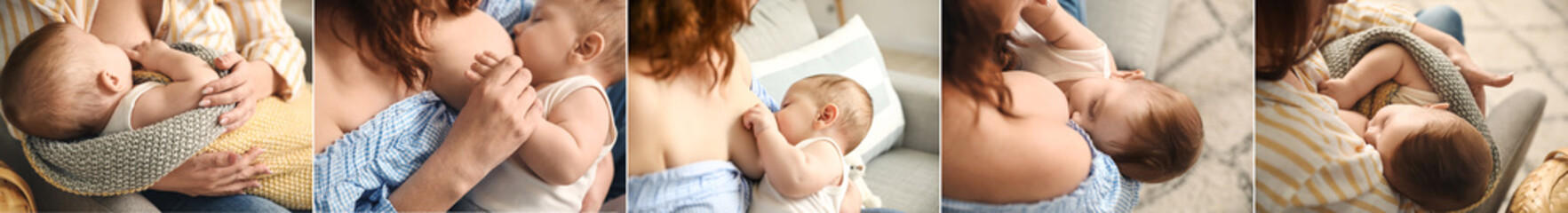 Collage of woman breastfeeding her baby at home, closeup