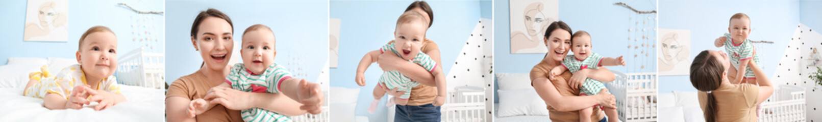 Collage of happy young mother with her little baby at home