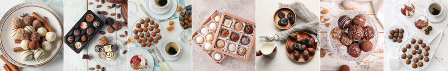 Set of delicious chocolate candies on light background