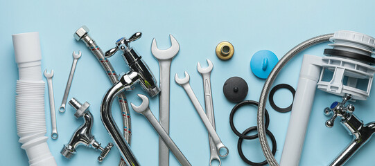 Set of plumber's items on light blue background, top view