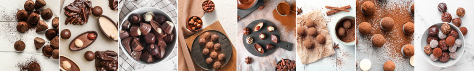 Collage of delicious chocolate candies on light background, top view