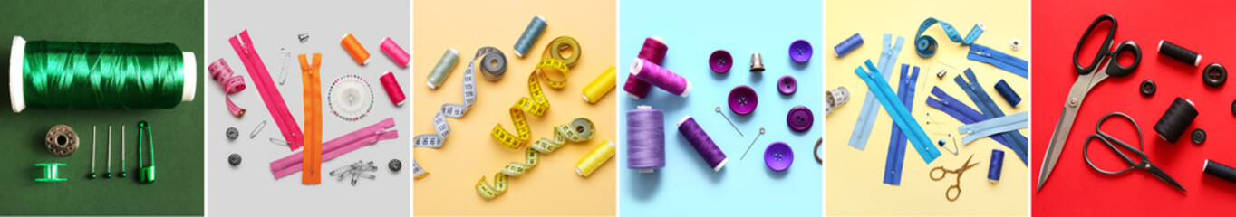 Collage of tailor's supplies on color background