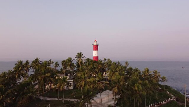 Aerial shot of the Lighthouse on the Coastline at Kovalam, Kerela, India
