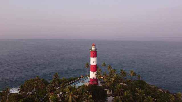 Aerial shot of the Lighthouse on the Coastline at Kovalam, Kerela, India