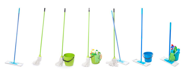 Collage of floor mops and cleaning supplies on white background