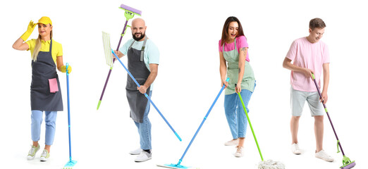 Collage of happy people with mops on white background