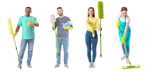 Collection of young people with mops on white background