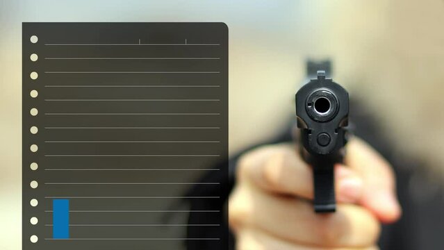 Concept on the social issue of increasing gun accident rates. The hand pointing the gun and the graph.
