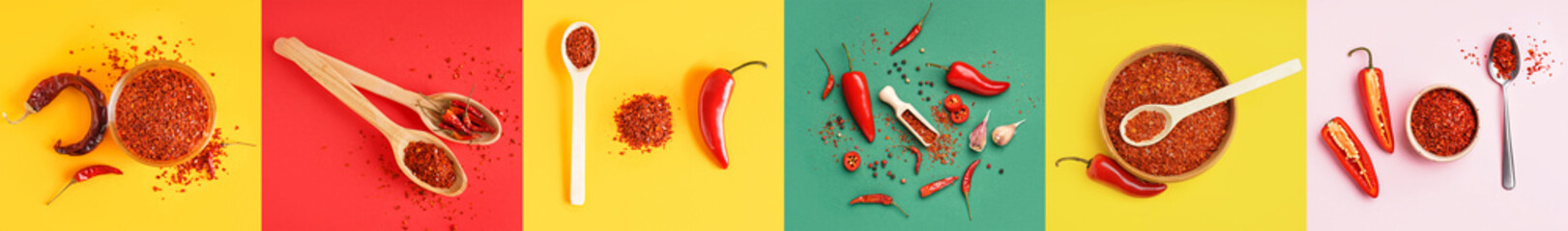 Collage van chili peper vlokken op kleur achtergrond, bovenaanzicht