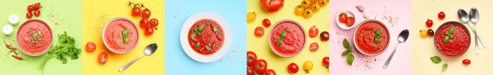 Collage of bowls with tasty tomato soup on color background