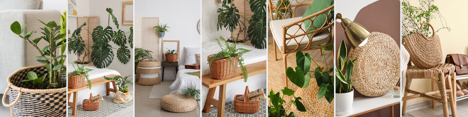 Collage of stylish rattan elements of domestic interiors