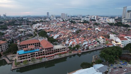Fototapeta na wymiar Malacca, Malaysia - October 16, 2022: Aerial View of the Malacca River Cruise