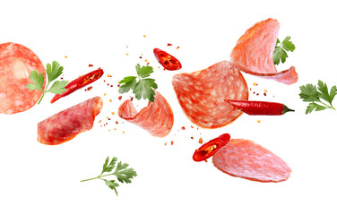 Flying slices of delicious salami and spices isolated on white