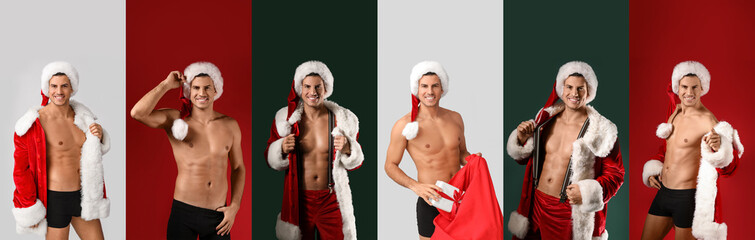 Fototapeta premium Set of sexy young man in Santa costume on colorful background