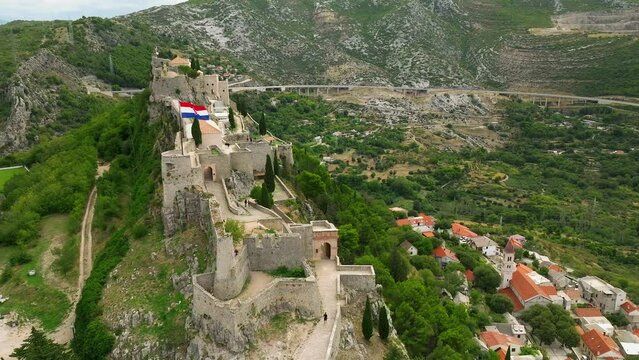 Aerial side view of the fortress at Klis in Split, Croatia