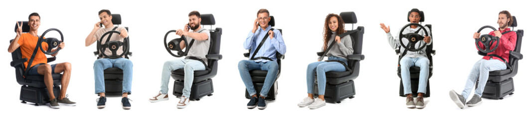 Collage of people with steering wheels sitting in car seats on white background