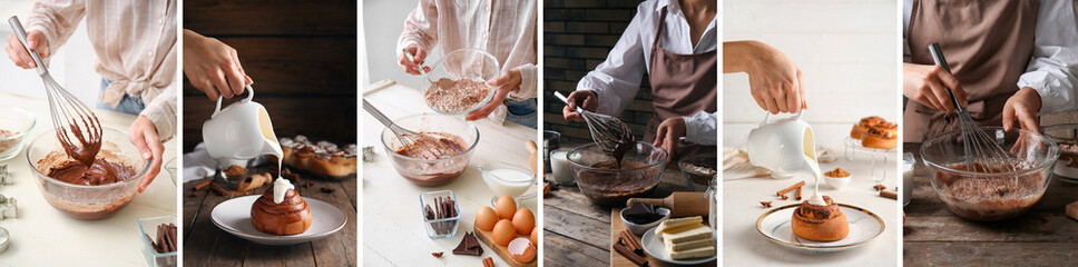 Collage of woman cooking traditional Christmas desserts in kitchen - obrazy, fototapety, plakaty