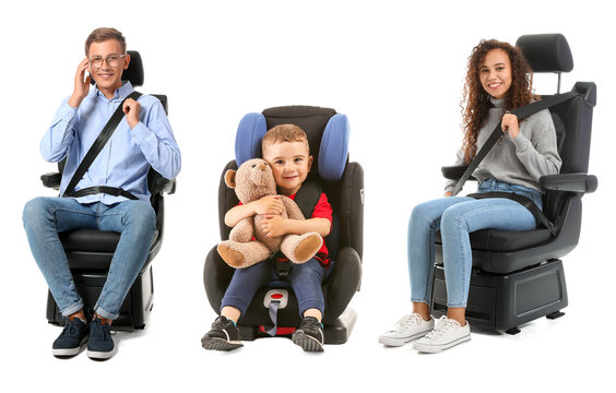 Collage Of Young Family Sitting In Car Seats On White Background