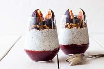 Chia pudding with figs, blueberries and granola. Healthy eating. Vegetarian food. Breakfast.