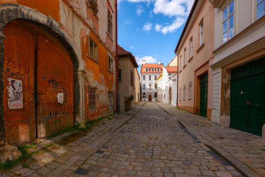 bratislava, slovakia - oct 16, 2019: cobblestone streets of the slovakian capital. cozzy paces in the city center. beautiful architecture on a sunny day