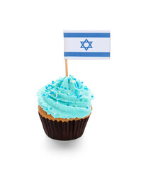 Cupcake with small flag of Israel on white background