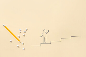 Drawing of person, ladder, pencil and crumpled paper on color background