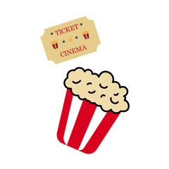 Cinema objects - popcorn bucket, sketch vector illustration isolated on white background. Typical movie attributes - popcorn, cinema ticket