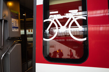 Zurich, Switzerland - October 1, 2022: Marking on train carriages intended for bicycles