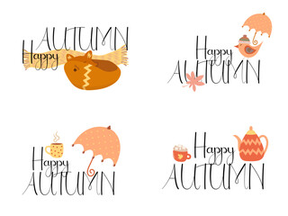 Autumn set with 4 isolated designs. On white background , easy to replace