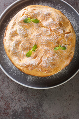 Traditional Polish cake Karpatka of choux pastry dough and custard cream closeup on the plate on the table. Vertical top view from above