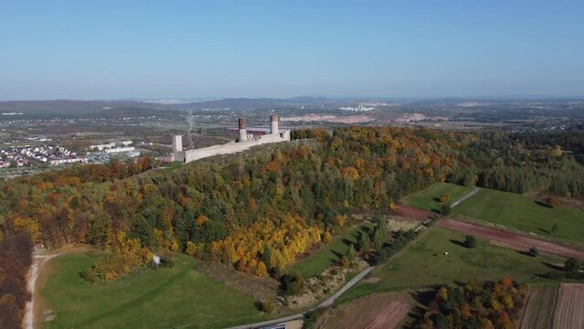 Castle in Checiny filmed from above overlooking the city of Checiny, Poland.