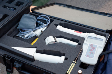Personal Portable Dose Rate and Survey Meter for measuring levels of radiation placed in the box.