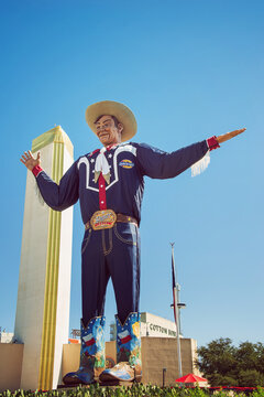 Big Tex Statue Standing Tall At Fair Park. The Icon Greets And Waves His Hands To Welcome Visitors At The State Fair Of Texas Fairgrounds On October 20, 2022 In Dallas, Texas.