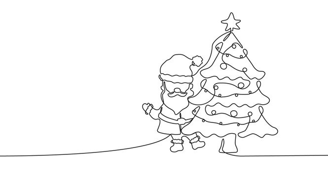 recommend clip art: Continuous one line drawing of Santa Claus and christmas tree. Festive concept with christmas tree and character in line art style. Png