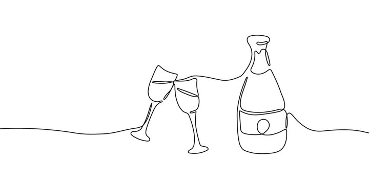 recommend clip art: Continuous one line drawing of champagne bottle and glasses. Concept of cheers, toast, holiday in line art style. Png illustration on transparent background