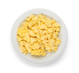 Plate of tasty scrambled eggs isolated on white background