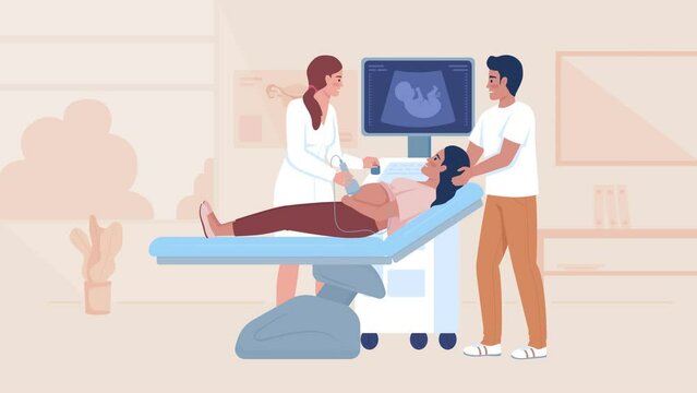 Animated its girl baby illustration. Fetal ultrasound. Identify fetus gender. Looped flat color 2D cartoon characters animation video in HD with hospital interior on transparent background