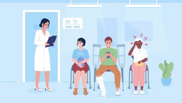 Animated patient flow illustration. Female doctor managing hospital queue. Looped flat color 2D cartoon characters animation video in HD with hospital interior on transparent background