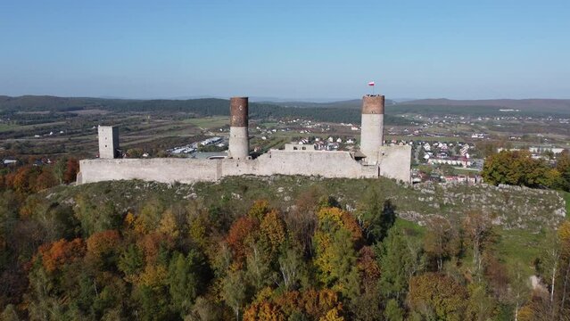 Castle in Checiny filmed from above overlooking the city of Checiny, Poland.