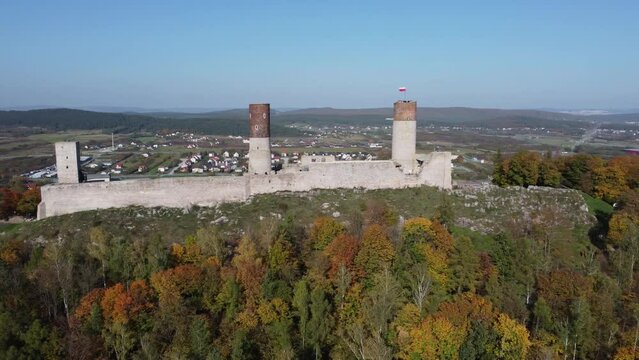 Castle in Checiny filmed from above overlooking the city of Checiny, Poland.