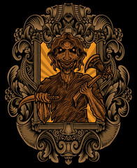 isolated scary zombie with engraving ornament frame