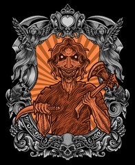 isolated scary zombie with engraving ornament frame