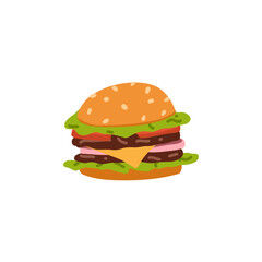 Hamburger fast food. Cartoon burger unhealthy food. Vector snack illustration.