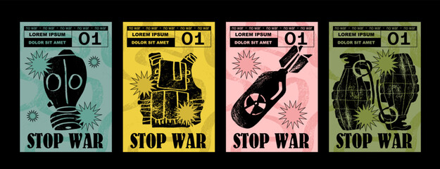 Anti-nuclear war propaganda poster. No to War, Stop War. Set of vector illustrations. Engraving, ink style. Poster, cover, t-shirt print. Military projectile, bomb, grenade, mask