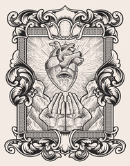 illustration antique heart with pray hand engraving ornament frame