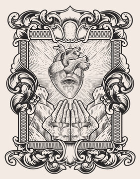illustration antique heart with pray hand engraving ornament frame