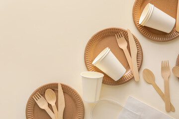 Closeup view of Eco tableware on light background