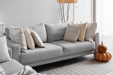 Grey sofa with cushions in interior of light living room