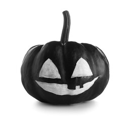 Black Halloween pumpkin with drawn face on white background